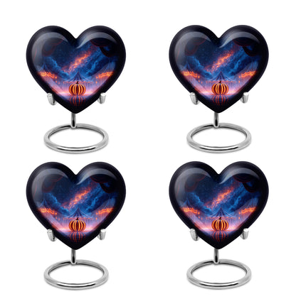 Cobalt Blue Halloween Cremation Urn angled view of lid and engraved motif - compassionate heart-halloween combination with gentle curves - 10 inch aluminum urn for cremated remains