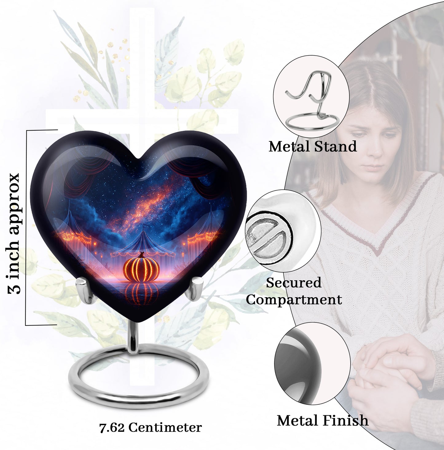 Sky Blue Halloween Cremation Urn front view showing detailed design - loving heart memorial featuring halloween pattern - mini keepsake memorial for portion of cremation ashes