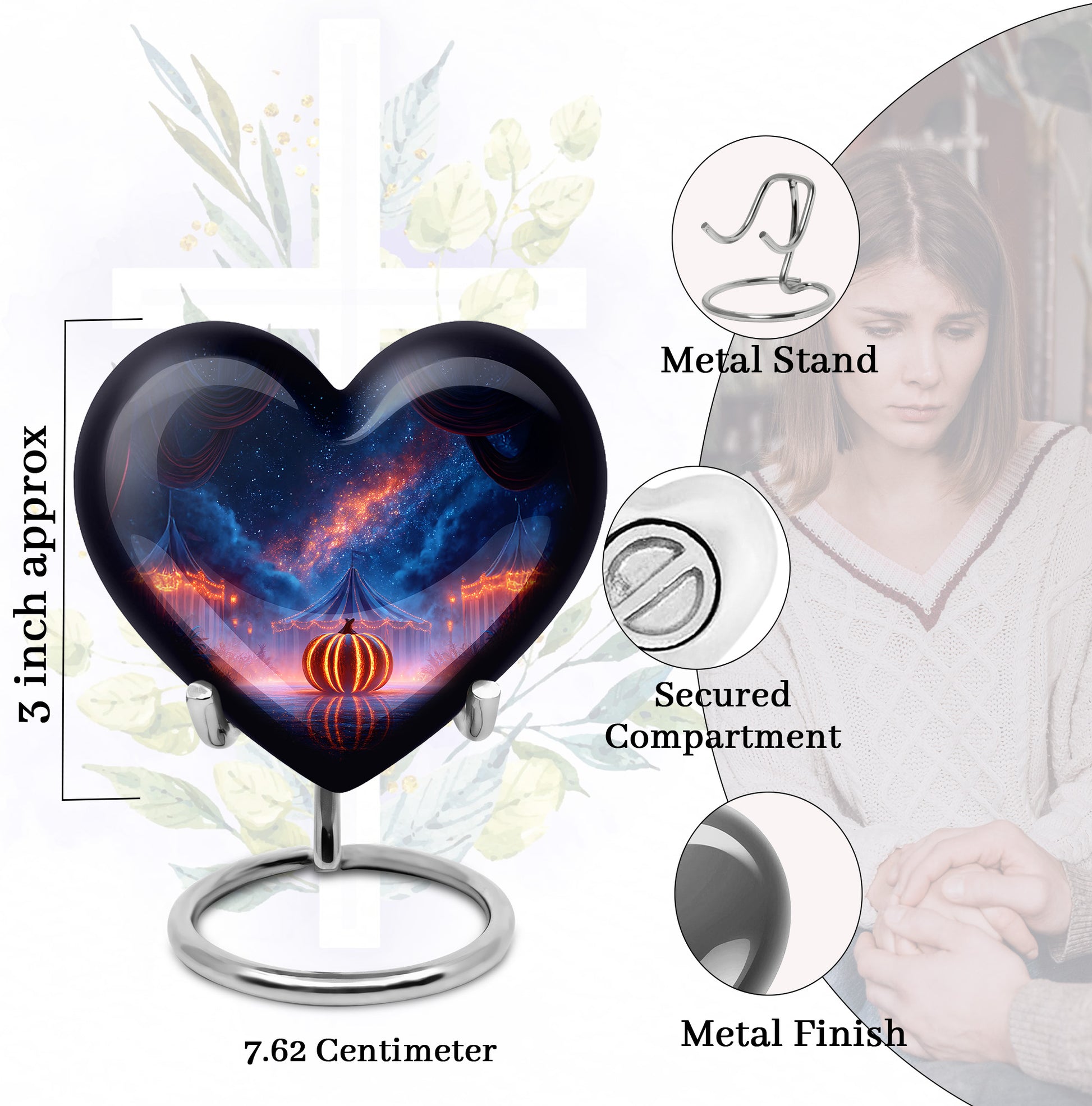 Sky Blue Halloween Cremation Urn front view showing detailed design - loving heart memorial featuring halloween pattern - mini keepsake memorial for portion of cremation ashes