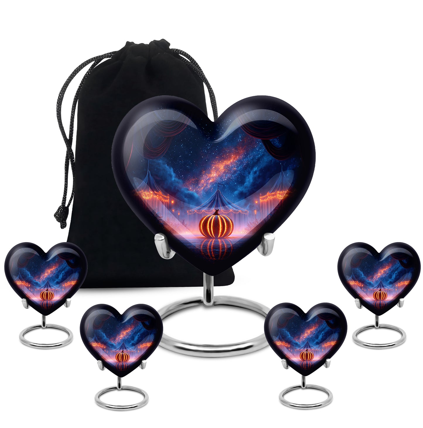 Sapphire Blue Halloween Cremation Urn close-up of engraving and surface detail - romantic heart urn with halloween motif on aluminum - memorial set with one large and four small urns