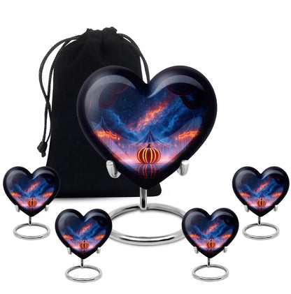Sapphire Blue Halloween Cremation Urn close-up of engraving and surface detail - romantic heart urn with halloween motif on aluminum - memorial set with one large and four small urns