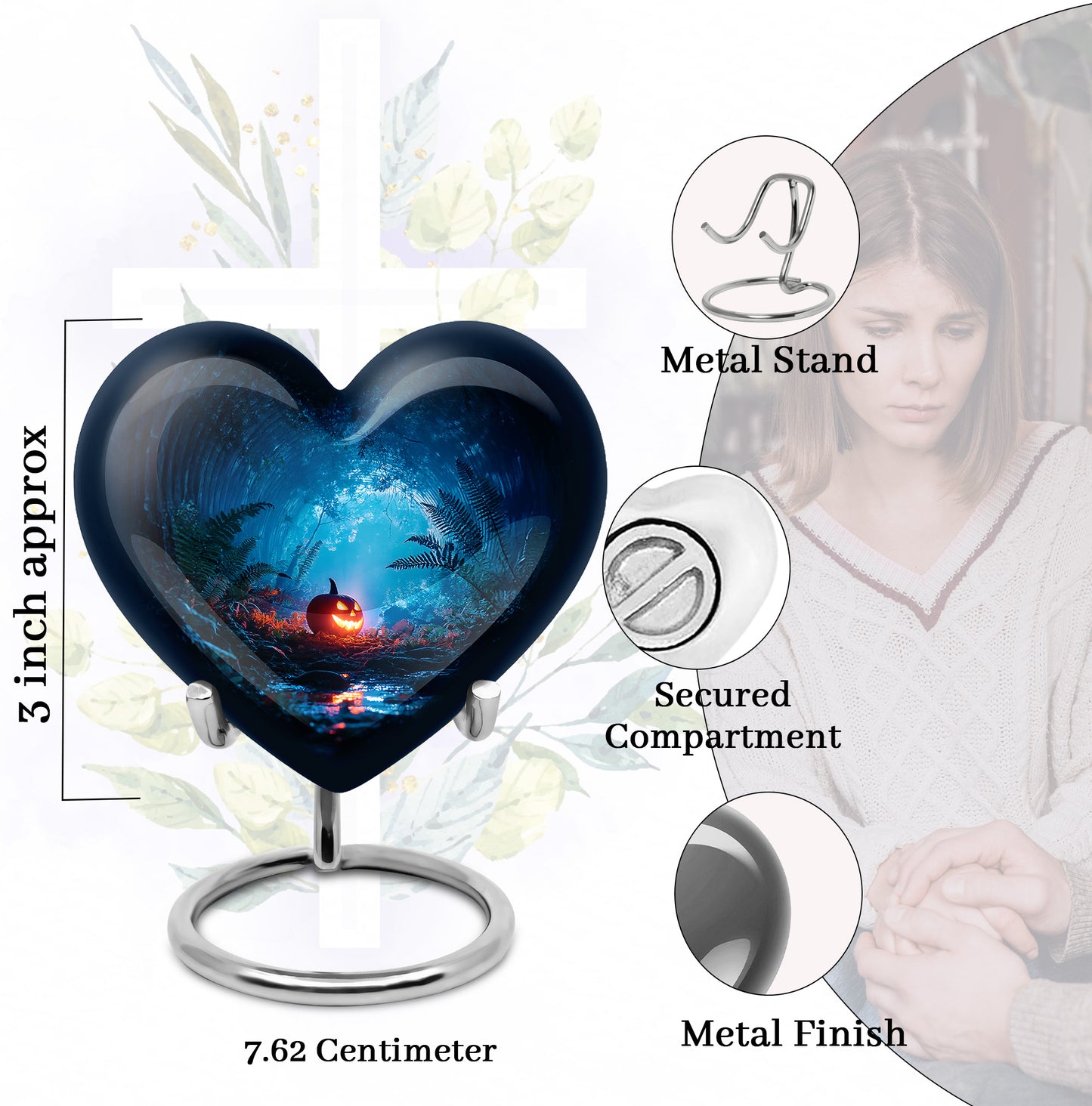 Midnight Black Halloween Cremation Urn front view showing detailed design - romantic heart urn with halloween motif on aluminum - mini keepsake memorial for portion of cremation ashes