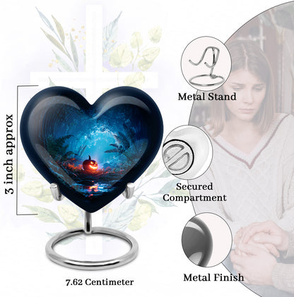 Midnight Black Halloween Cremation Urn front view showing detailed design - romantic heart urn with halloween motif on aluminum - mini keepsake memorial for portion of cremation ashes