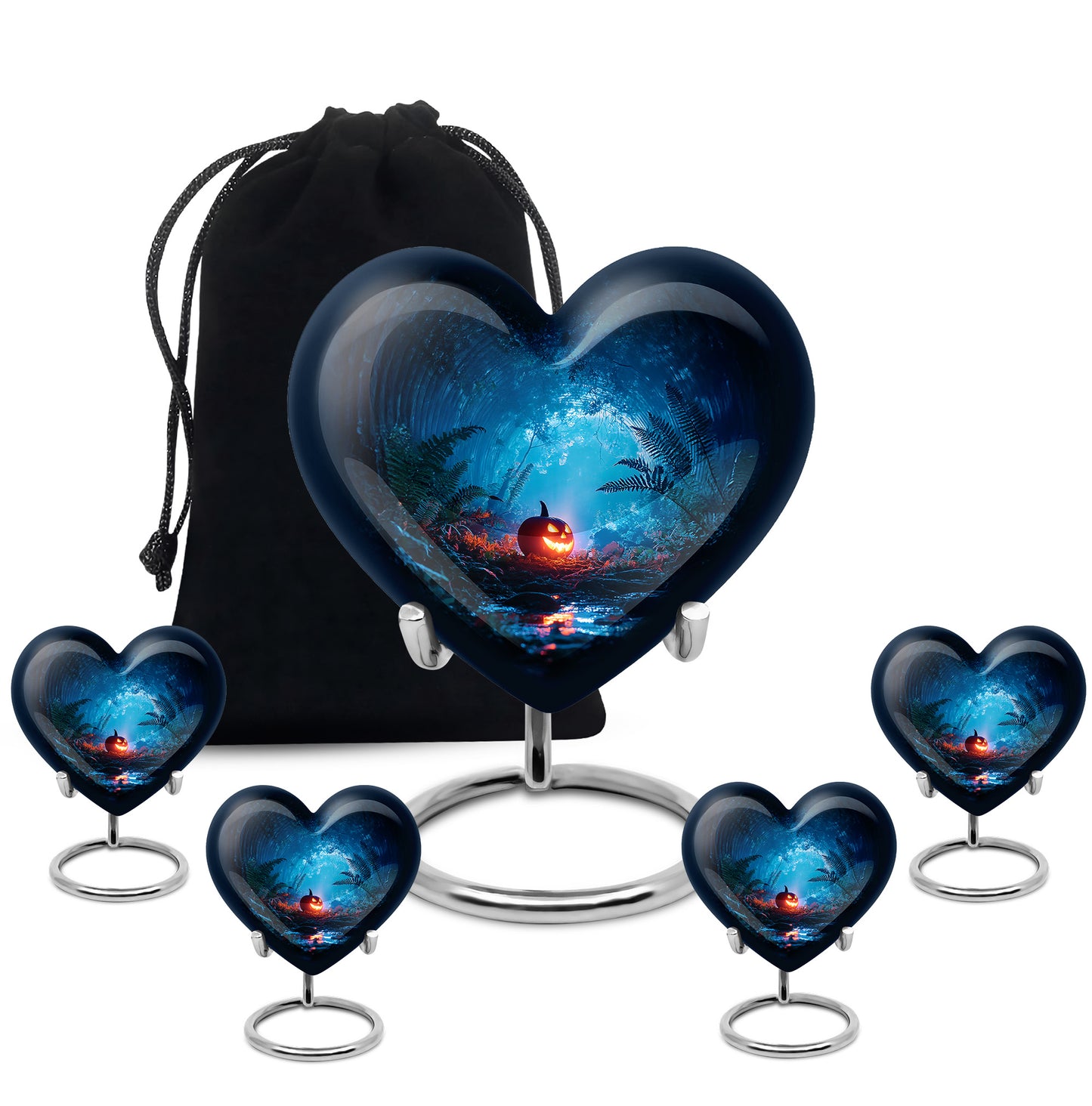 Jet Black Halloween Cremation Urn close-up of engraving and surface detail - heart-shaped halloween design symbolizing eternal love - memorial set with one large and four small urns