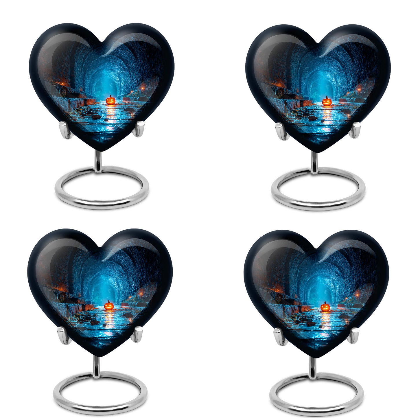 Jet Black Halloween Cremation Urn angled view of lid and engraved motif - heart-shaped halloween design symbolizing eternal love - 10 inch aluminum urn for cremated remains