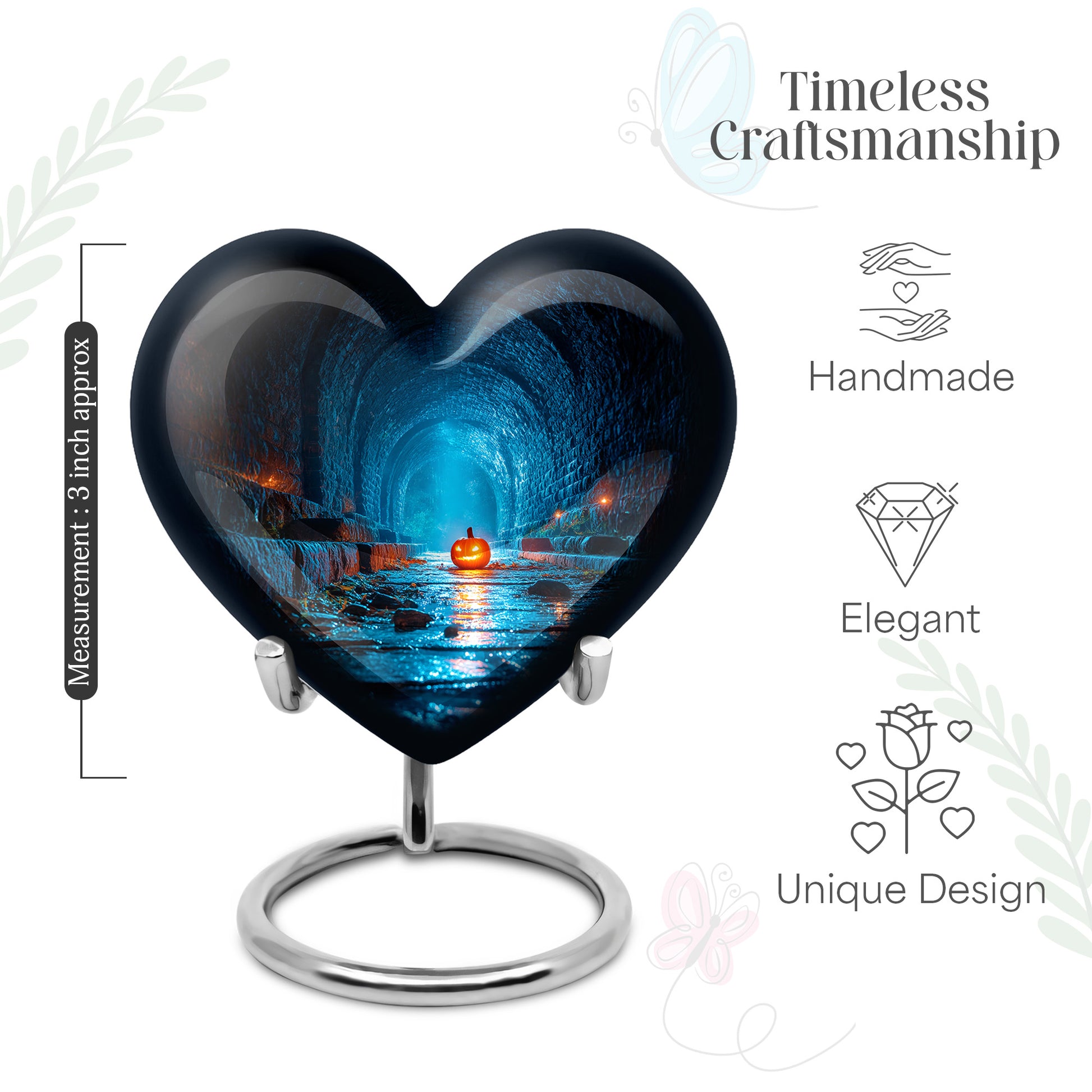 Glossy Black Halloween Cremation Urn front view showing detailed design - loving heart memorial featuring halloween pattern - mini keepsake memorial for portion of cremation ashes