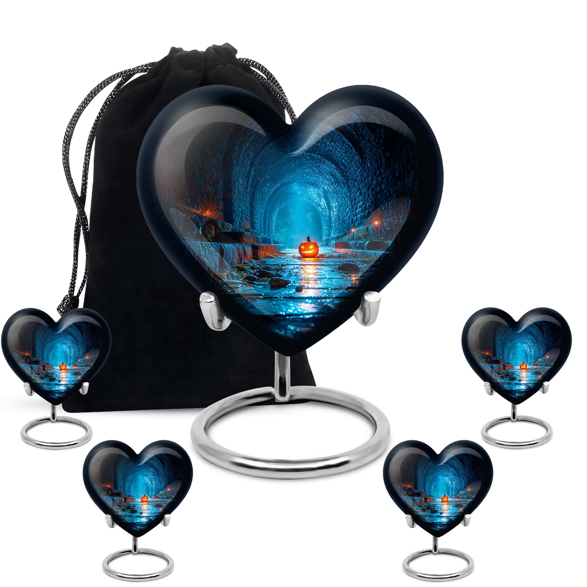 Midnight Black Halloween Cremation Urn close-up of engraving and surface detail - romantic heart urn with halloween motif on aluminum - memorial set with one large and four small urns