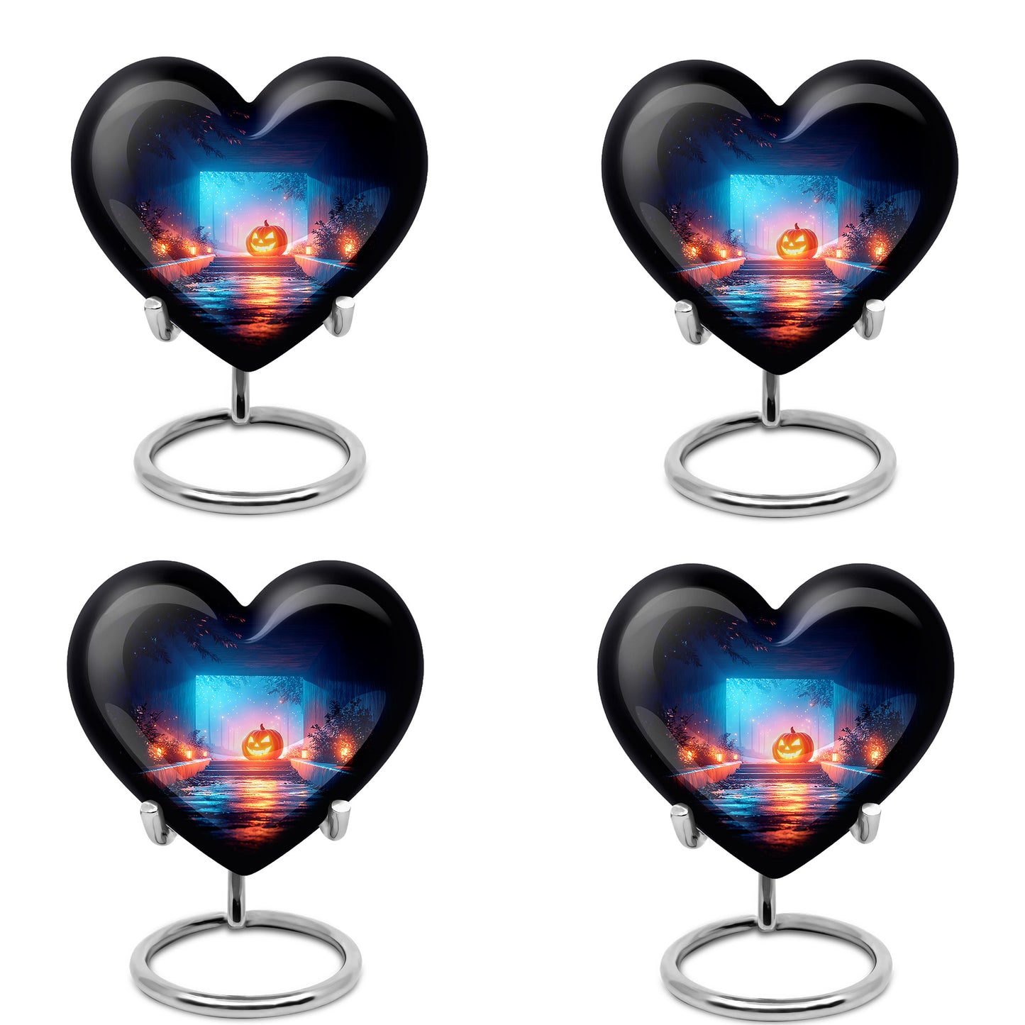 Glossy Black Halloween Cremation Urn angled view of lid and engraved motif - heart-shaped halloween design symbolizing eternal love - 10 inch aluminum urn for cremated remains