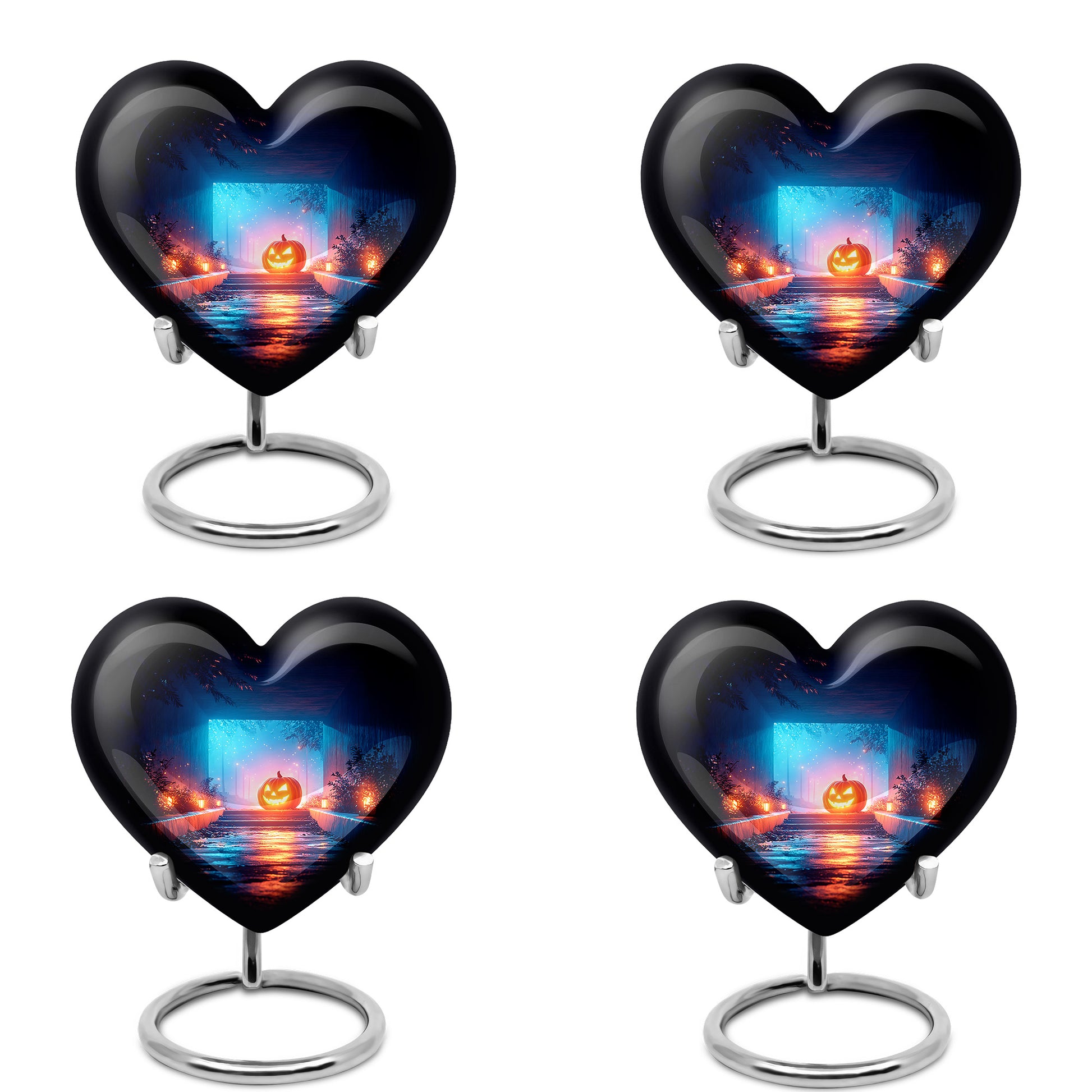Glossy Black Halloween Cremation Urn angled view of lid and engraved motif - heart-shaped halloween design symbolizing eternal love - 10 inch aluminum urn for cremated remains