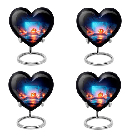 Glossy Black Halloween Cremation Urn angled view of lid and engraved motif - heart-shaped halloween design symbolizing eternal love - 10 inch aluminum urn for cremated remains