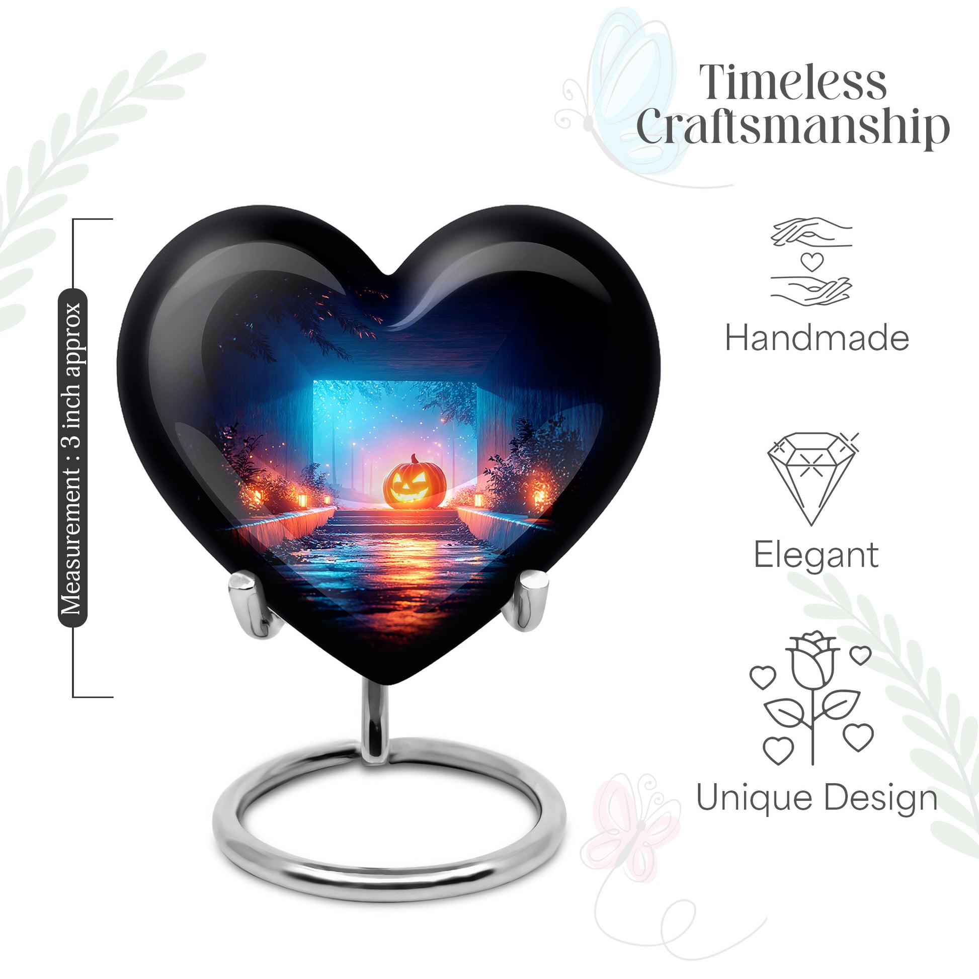 Charcoal Black Halloween Cremation Urn front view showing detailed design - romantic heart urn with halloween motif on aluminum - mini keepsake memorial for portion of cremation ashes