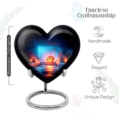 Charcoal Black Halloween Cremation Urn front view showing detailed design - romantic heart urn with halloween motif on aluminum - mini keepsake memorial for portion of cremation ashes