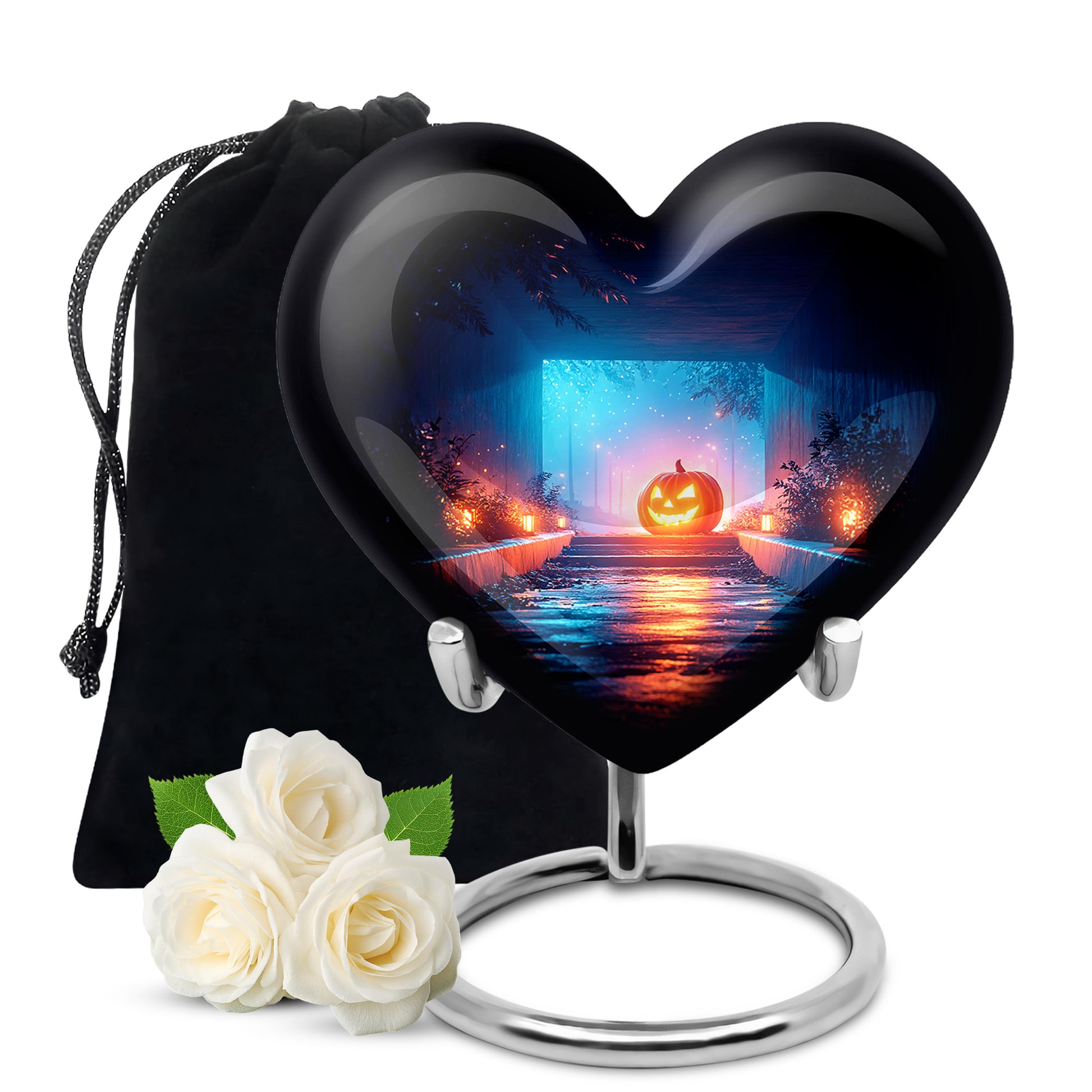 Obsidian Black Halloween Cremation Urn detail view - compassionate heart-halloween combination with gentle curves - full-size 10 inch 200 cubic inch adult cremation urn