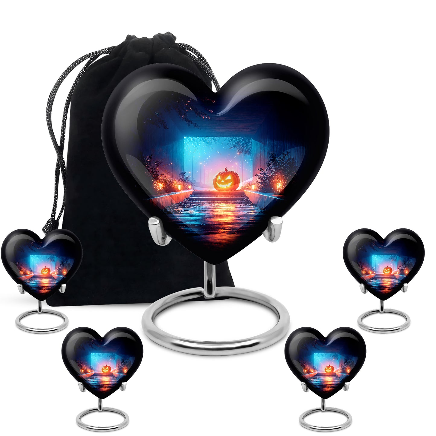 Rich Black Halloween Cremation Urn close-up of engraving and surface detail - loving heart memorial featuring halloween pattern - memorial set with one large and four small urns