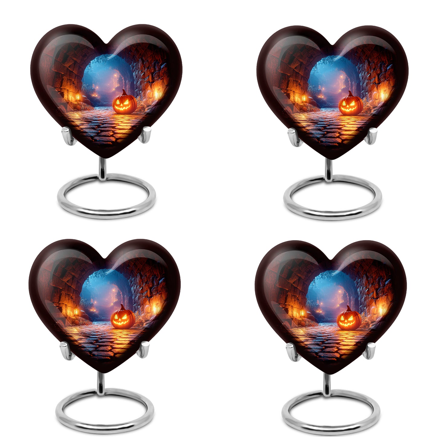 Dark Black Halloween Cremation Urn angled view of lid and engraved motif - compassionate heart-halloween combination with gentle curves - 10 inch aluminum urn for cremated remains
