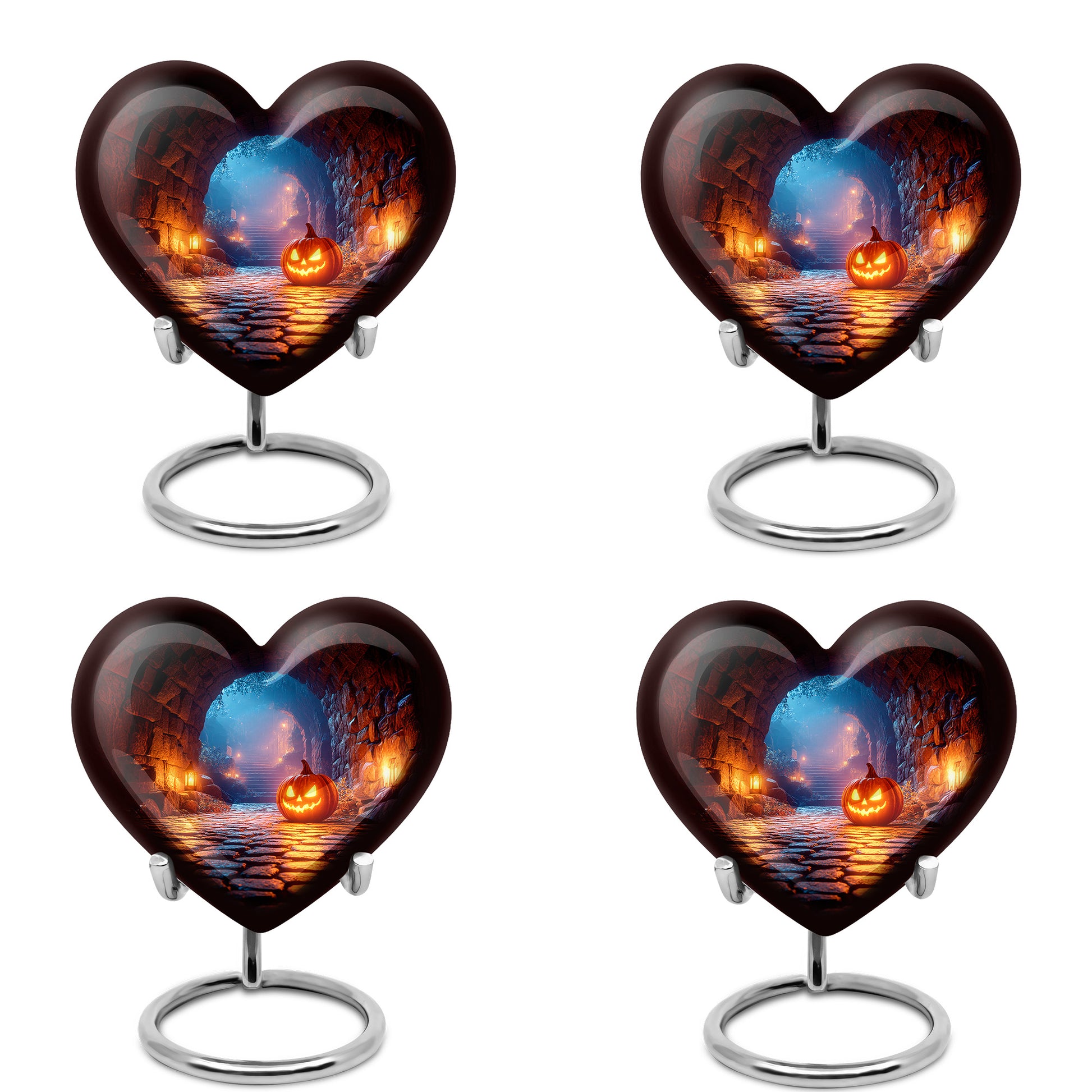 Dark Black Halloween Cremation Urn angled view of lid and engraved motif - compassionate heart-halloween combination with gentle curves - 10 inch aluminum urn for cremated remains