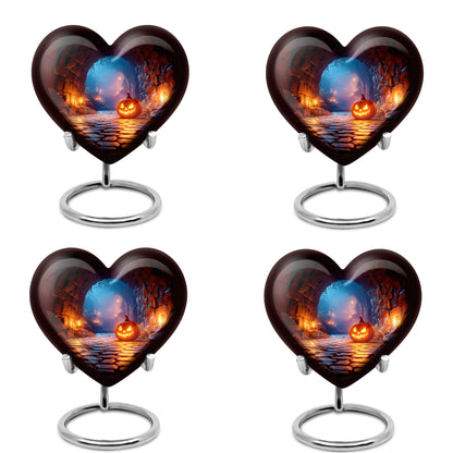 Dark Black Halloween Cremation Urn angled view of lid and engraved motif - compassionate heart-halloween combination with gentle curves - 10 inch aluminum urn for cremated remains