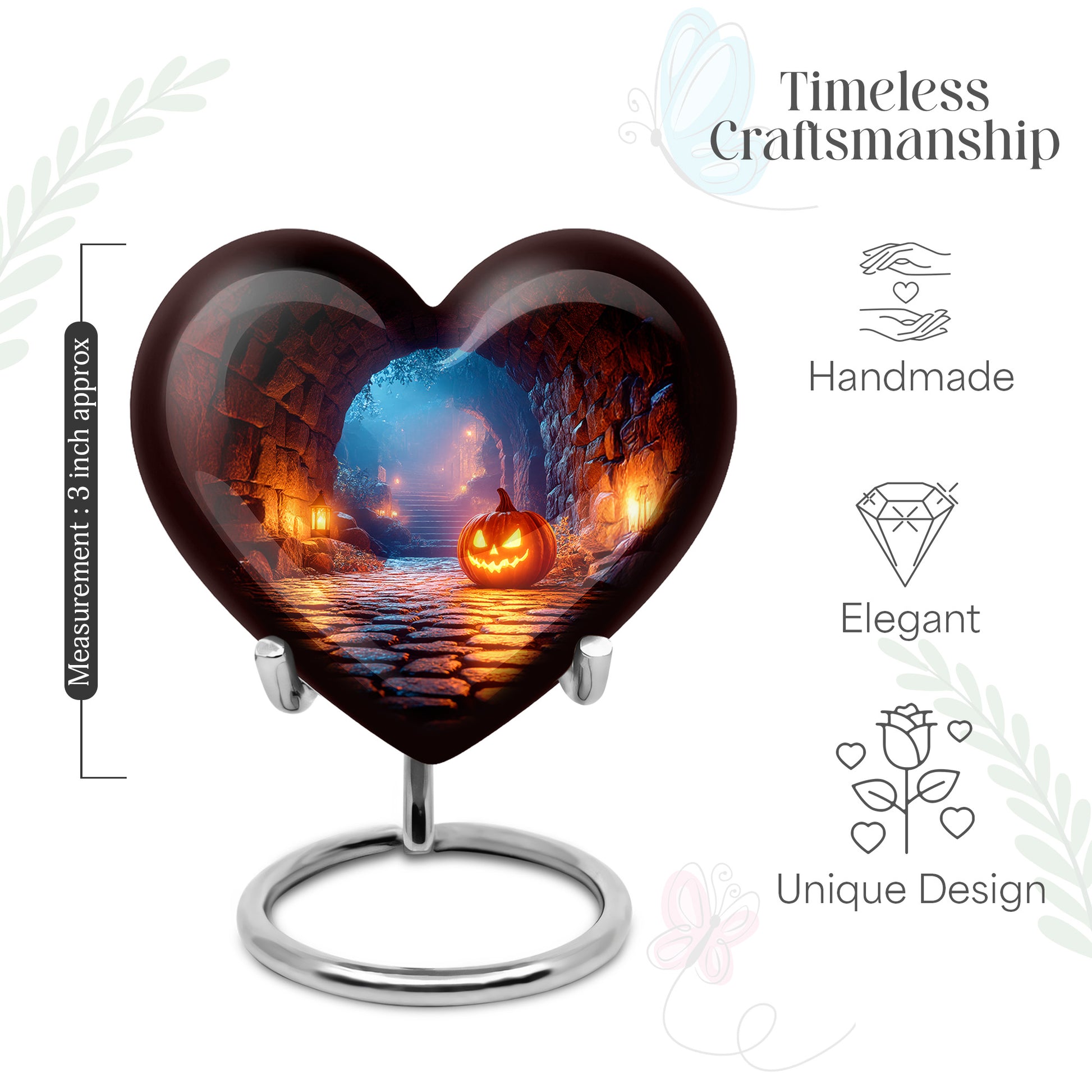 Obsidian Black Halloween Cremation Urn front view showing detailed design - compassionate heart-halloween combination with gentle curves - mini keepsake memorial for portion of cremation ashes