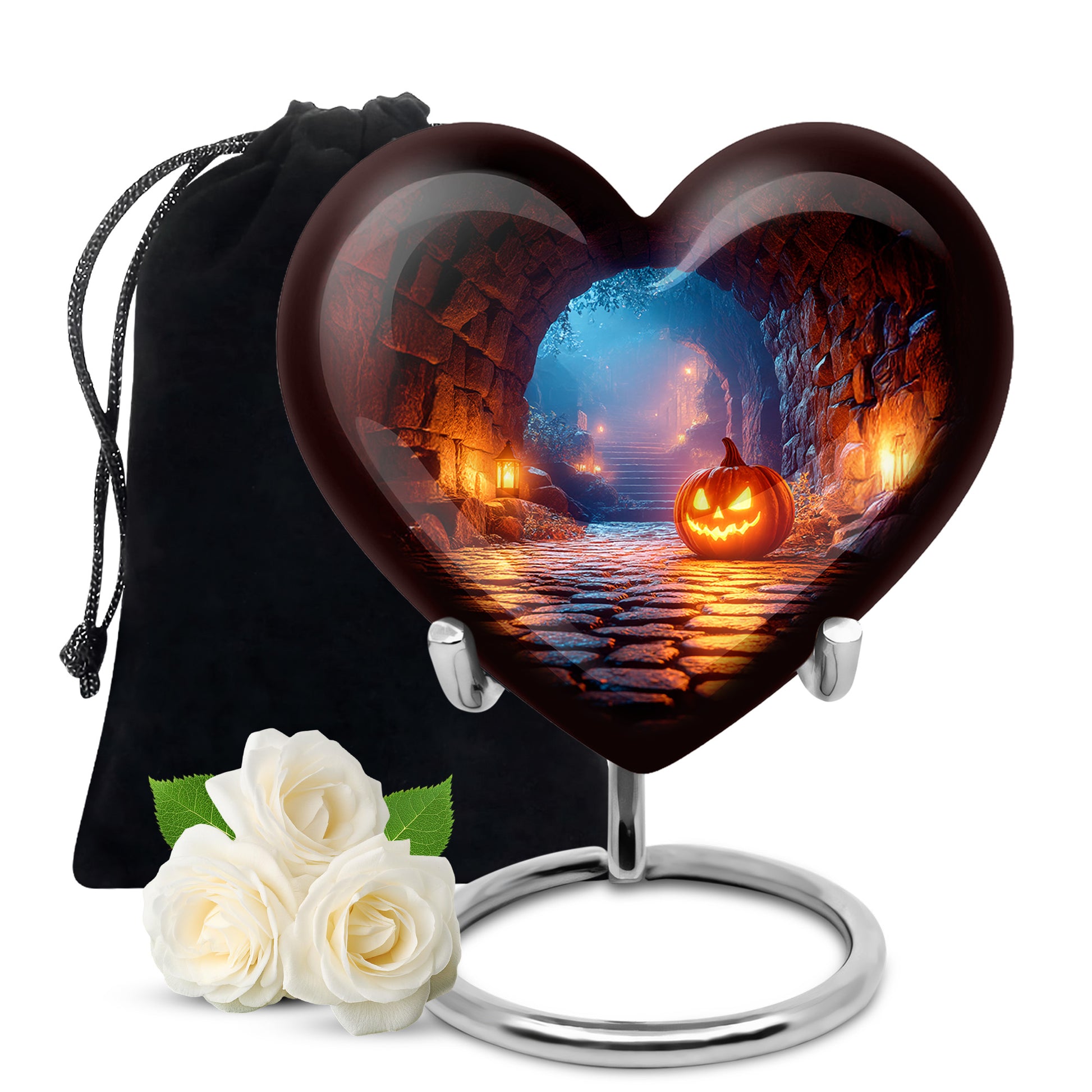 Charcoal Black Halloween Cremation Urn detail view - romantic heart urn with halloween motif on aluminum - full-size 10 inch 200 cubic inch adult cremation urn