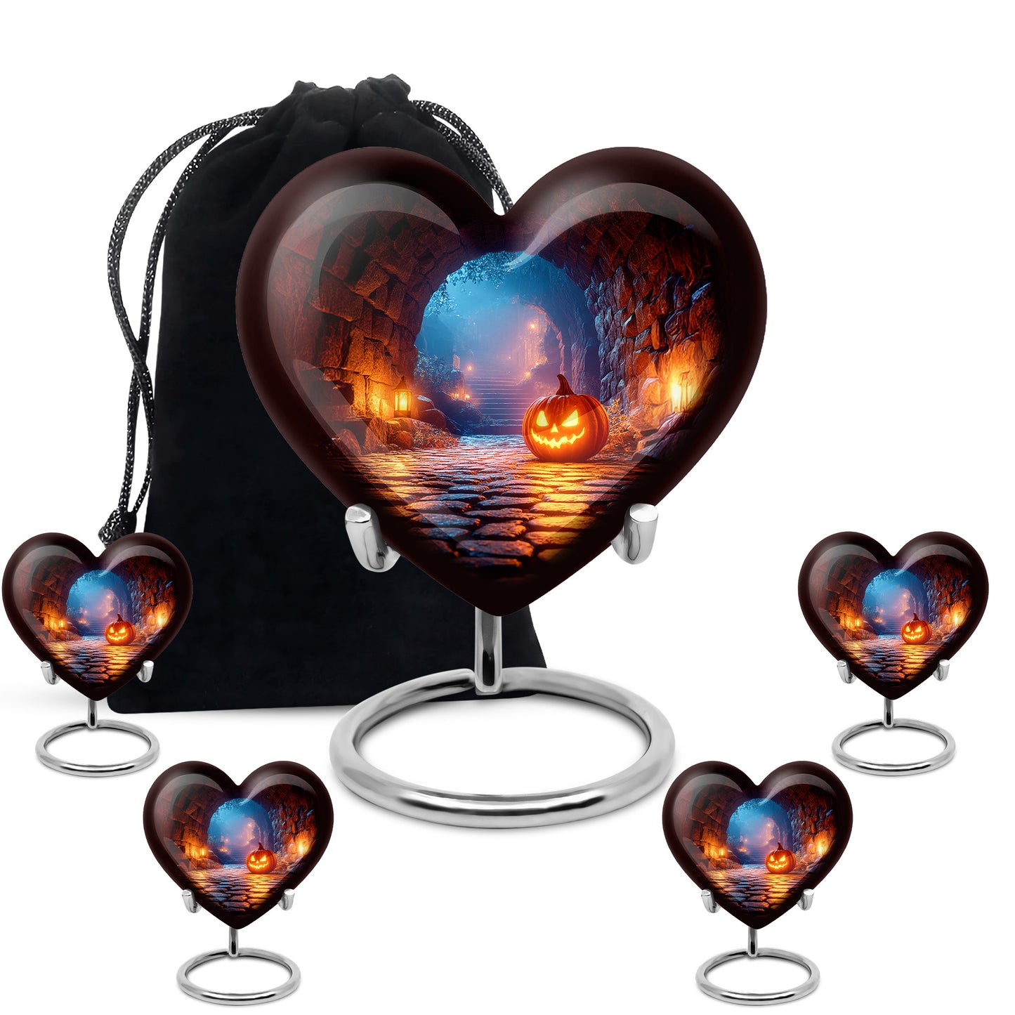 Midnight Black Halloween Cremation Urn close-up of engraving and surface detail - romantic heart urn with halloween motif on aluminum - memorial set with one large and four small urns