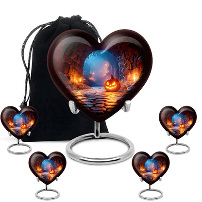 Midnight Black Halloween Cremation Urn close-up of engraving and surface detail - romantic heart urn with halloween motif on aluminum - memorial set with one large and four small urns