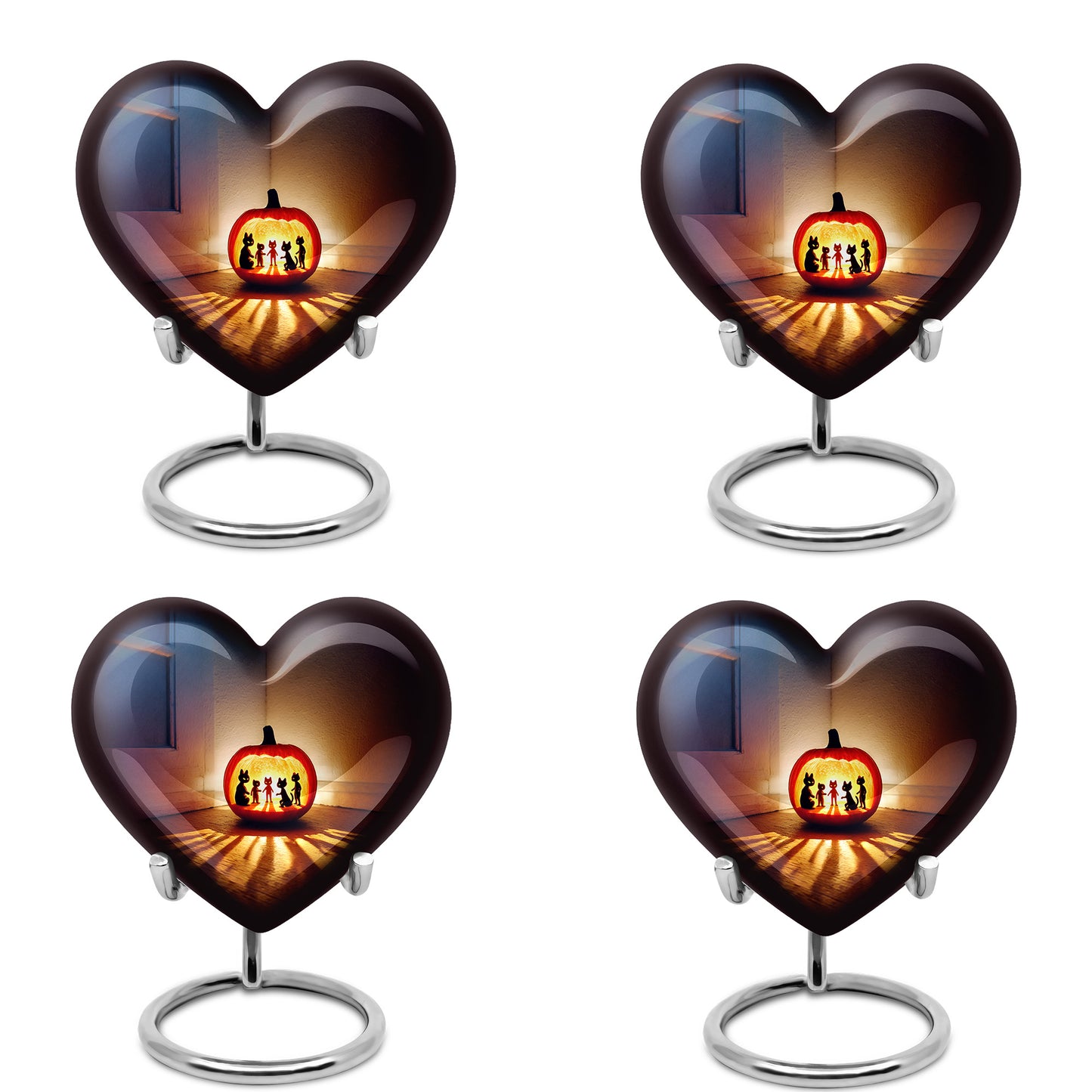 Royal Blue Halloween Cremation Urn angled view of lid and engraved motif - romantic heart urn with halloween motif on aluminum - 10 inch aluminum urn for cremated remains