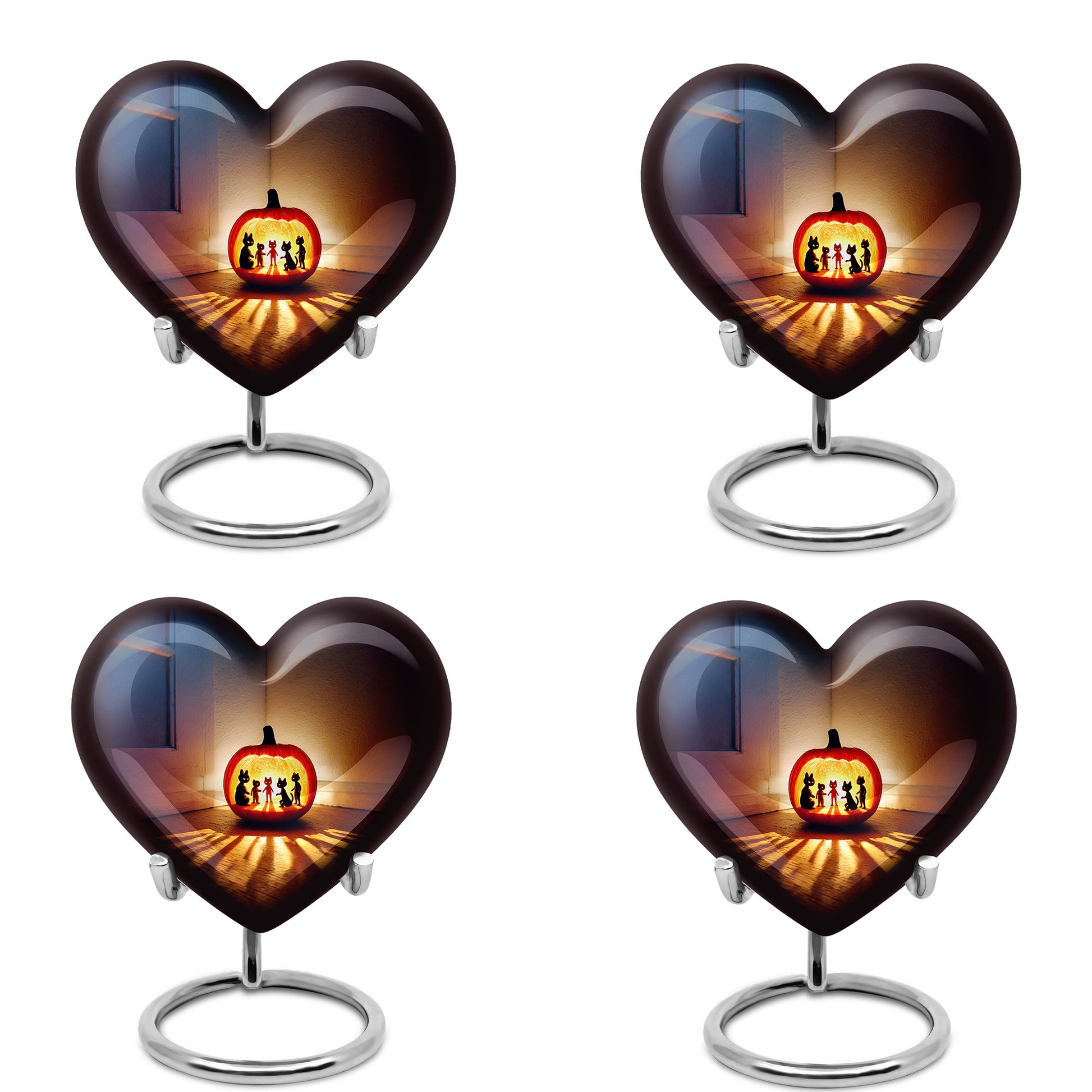 Royal Blue Halloween Cremation Urn angled view of lid and engraved motif - romantic heart urn with halloween motif on aluminum - 10 inch aluminum urn for cremated remains