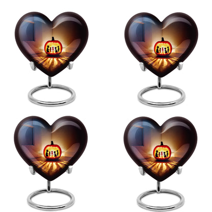 Royal Blue Halloween Cremation Urn angled view of lid and engraved motif - romantic heart urn with halloween motif on aluminum - 10 inch aluminum urn for cremated remains