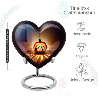 Royal Blue Halloween Cremation Urn front view showing detailed design - romantic heart urn with halloween motif on aluminum - mini keepsake memorial for portion of cremation ashes