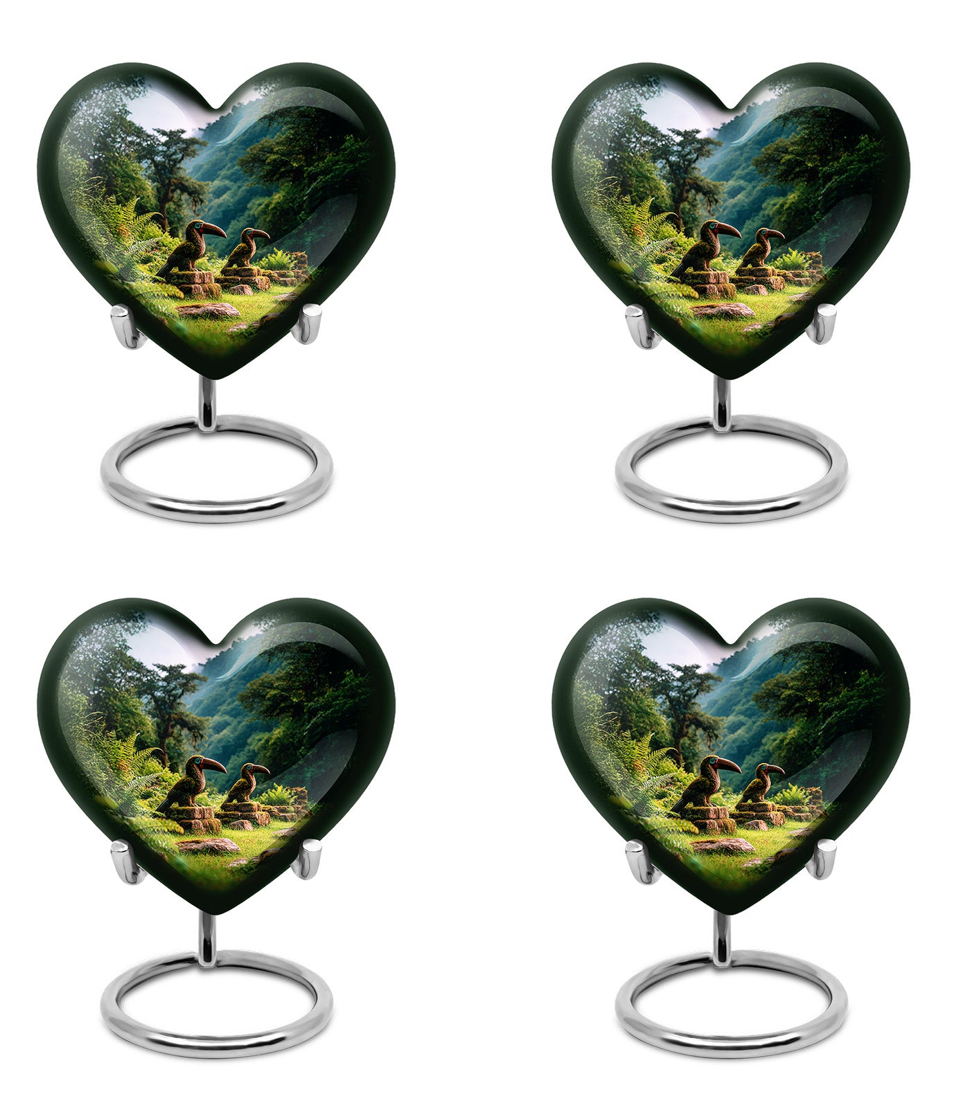 Royal Blue Hornbill Cremation Urn angled view of lid and engraved motif - romantic heart urn with hornbill motif on aluminum - 10 inch aluminum urn for cremated remains