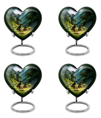 Royal Blue Hornbill Cremation Urn angled view of lid and engraved motif - romantic heart urn with hornbill motif on aluminum - 10 inch aluminum urn for cremated remains