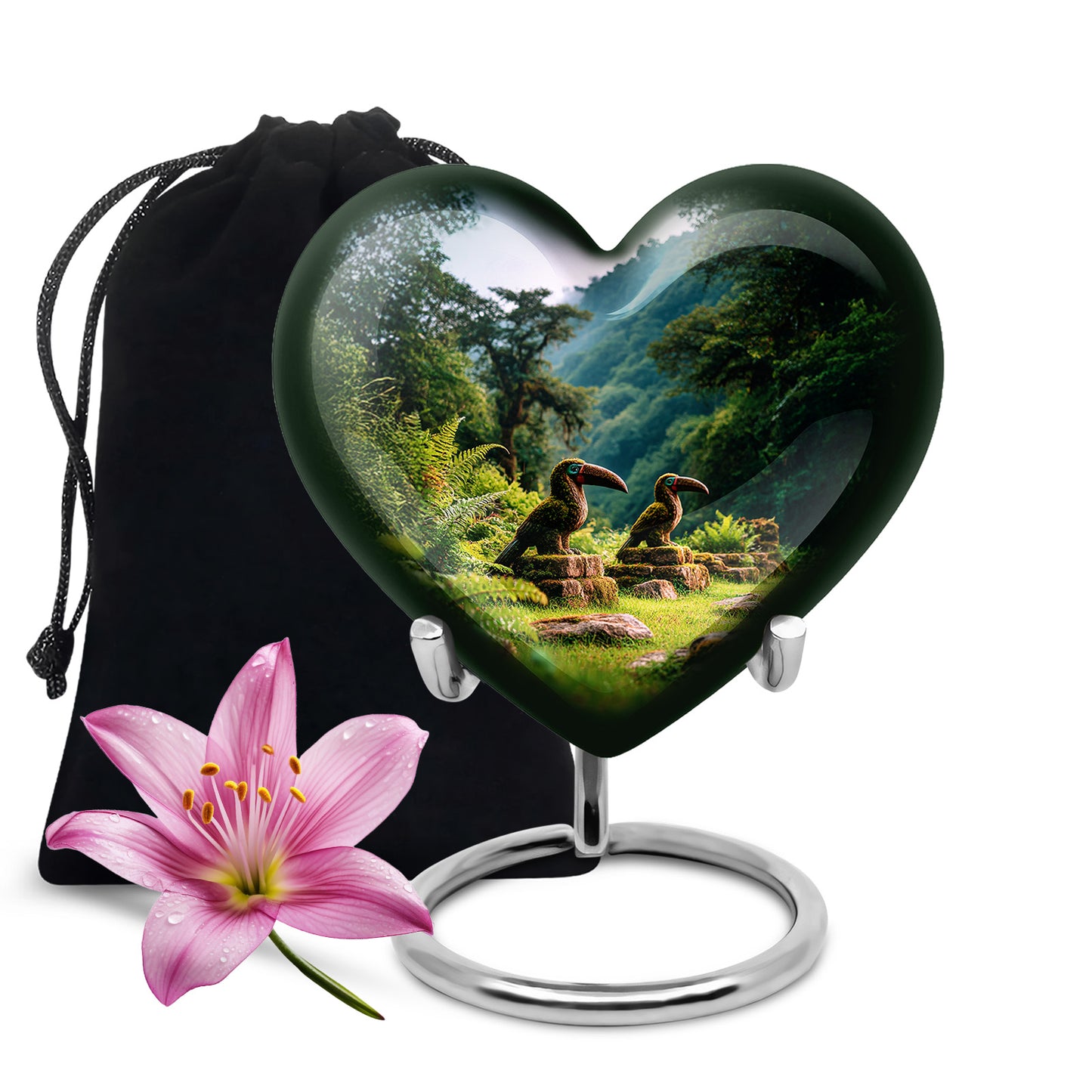 Misty Blue Hornbill Cremation Urn detail view - heart-shaped hornbill design symbolizing eternal love - full-size 10 inch 200 cubic inch adult cremation urn