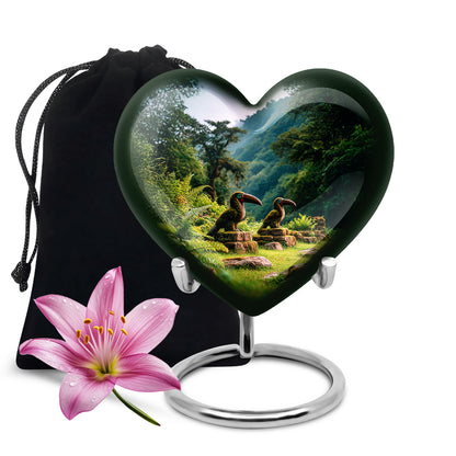 Misty Blue Hornbill Cremation Urn detail view - heart-shaped hornbill design symbolizing eternal love - full-size 10 inch 200 cubic inch adult cremation urn