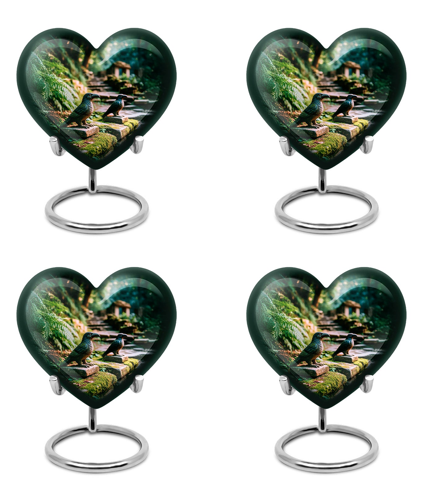 Forest Green Hornbill Cremation Urn angled view of lid and engraved motif - compassionate heart-hornbill combination with gentle curves - 10 inch aluminum urn for cremated remains