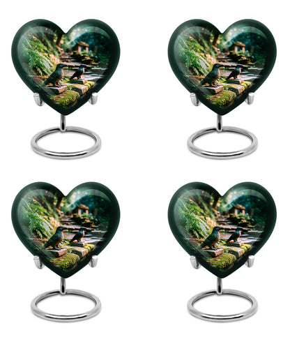 Forest Green Hornbill Cremation Urn angled view of lid and engraved motif - compassionate heart-hornbill combination with gentle curves - 10 inch aluminum urn for cremated remains