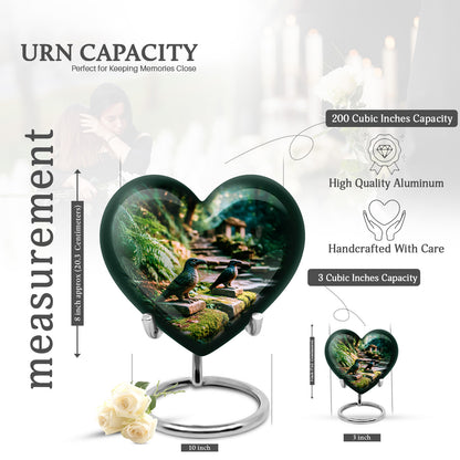 Pine Green Hornbill Cremation Urn front view showing detailed design - romantic heart urn with hornbill motif on aluminum - mini keepsake memorial for portion of cremation ashes