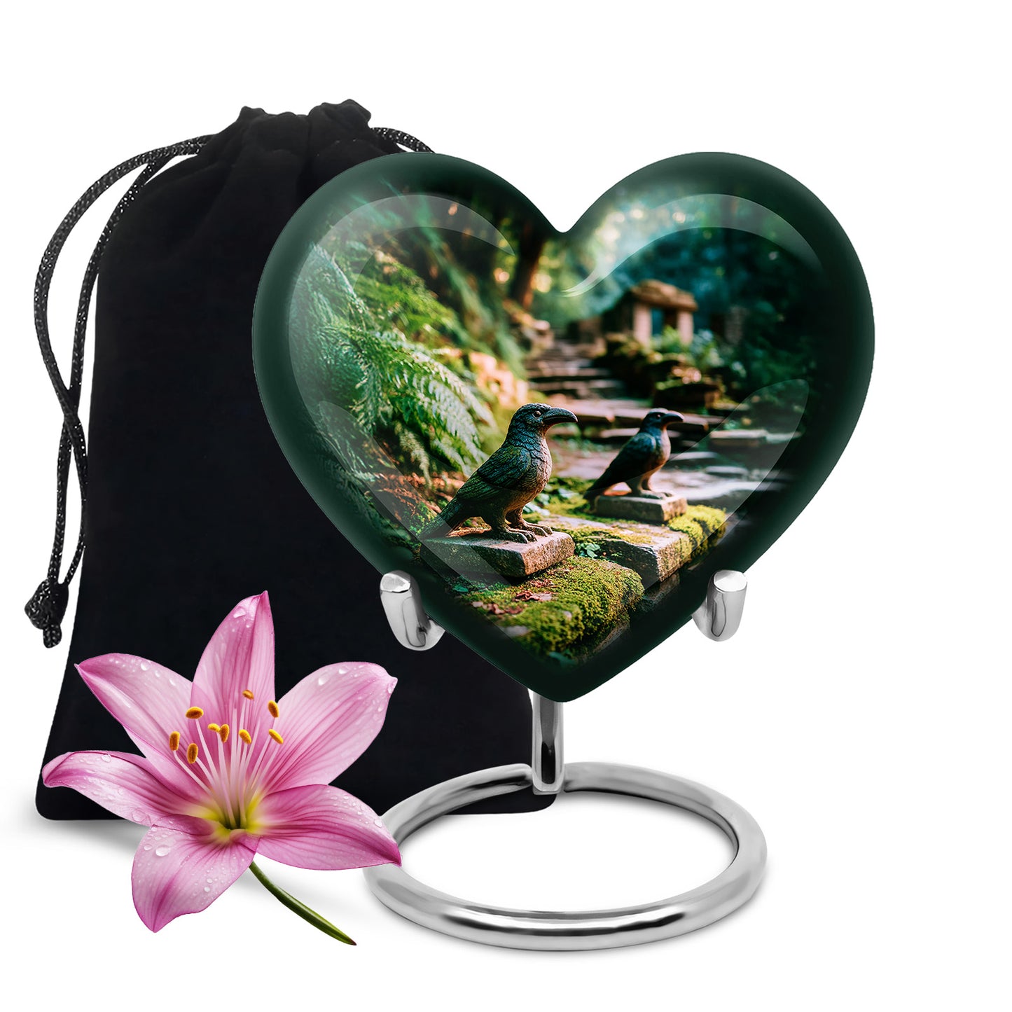 Emerald Green Hornbill Cremation Urn detail view - loving heart memorial featuring hornbill pattern - full-size 10 inch 200 cubic inch adult cremation urn