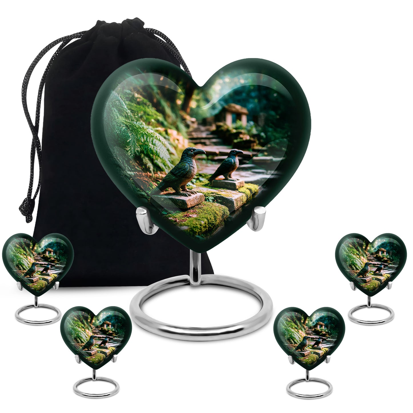 Olive Green Hornbill Cremation Urn close-up of engraving and surface detail - romantic heart urn with hornbill motif on aluminum - memorial set with one large and four small urns