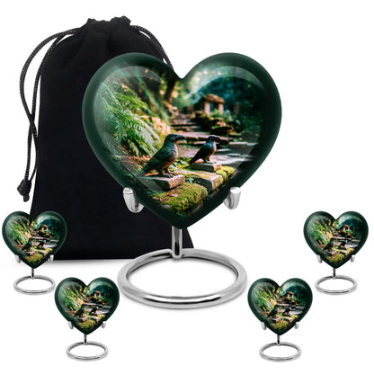 Olive Green Hornbill Cremation Urn close-up of engraving and surface detail - romantic heart urn with hornbill motif on aluminum - memorial set with one large and four small urns