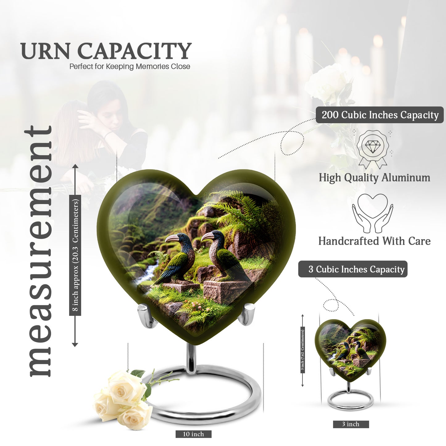 Gilded Gold Hornbill Cremation Urn front view showing detailed design - heart-shaped hornbill design symbolizing eternal love - mini keepsake memorial for portion of cremation ashes