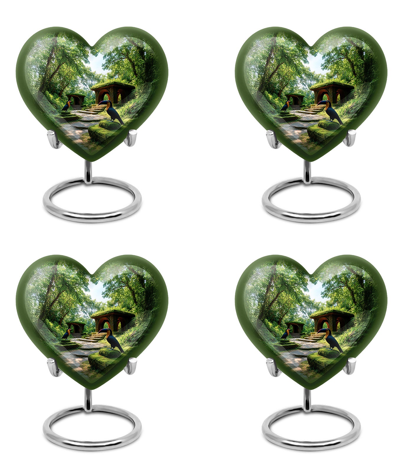 Pine Green Hornbill Cremation Urn angled view of lid and engraved motif - romantic heart urn with hornbill motif on aluminum - 10 inch aluminum urn for cremated remains