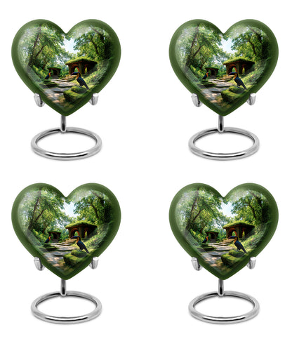 Pine Green Hornbill Cremation Urn angled view of lid and engraved motif - romantic heart urn with hornbill motif on aluminum - 10 inch aluminum urn for cremated remains