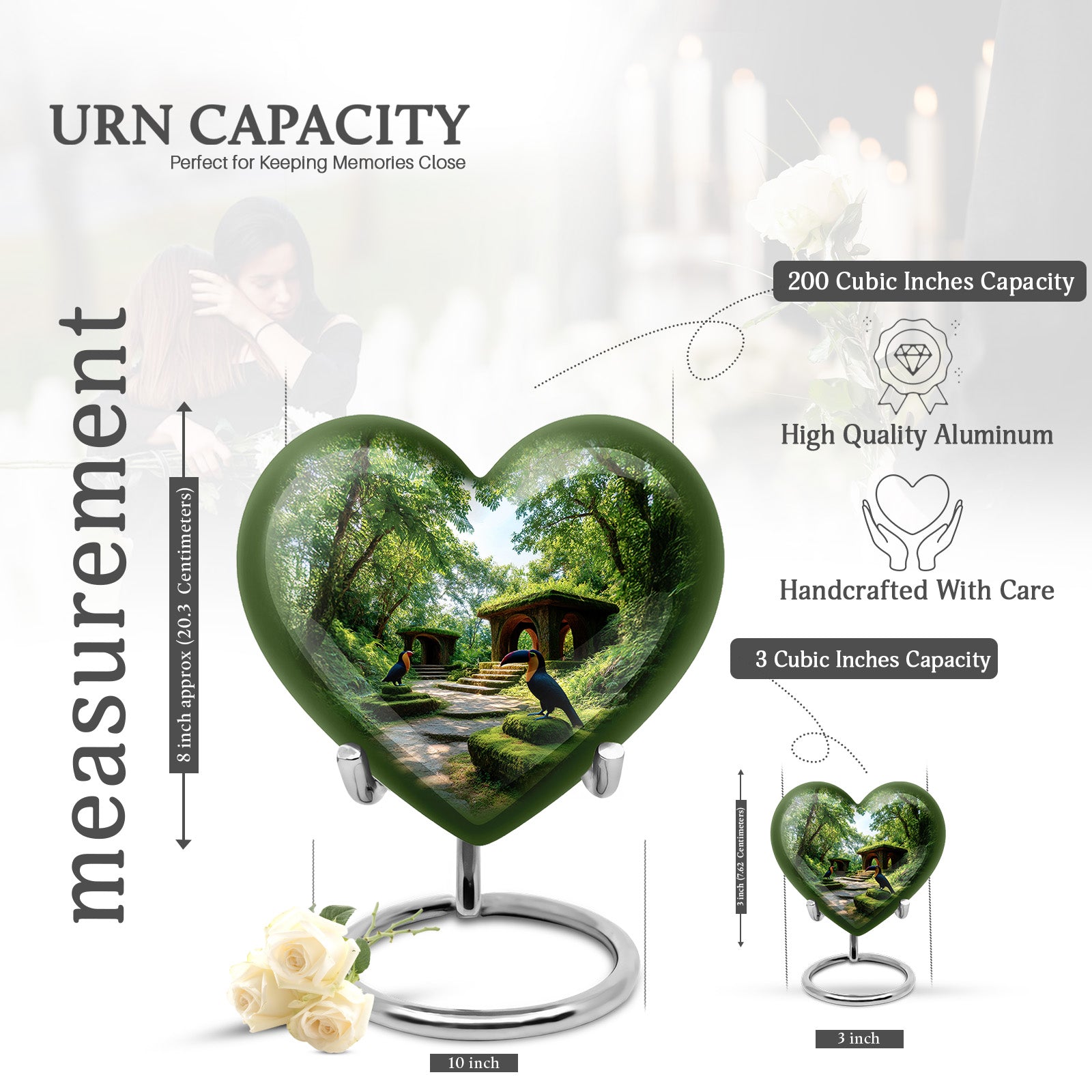 Forest Green Hornbill Cremation Urn front view showing detailed design - romantic heart urn with hornbill motif on aluminum - mini keepsake memorial for portion of cremation ashes