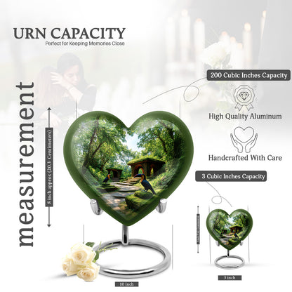 Forest Green Hornbill Cremation Urn front view showing detailed design - romantic heart urn with hornbill motif on aluminum - mini keepsake memorial for portion of cremation ashes