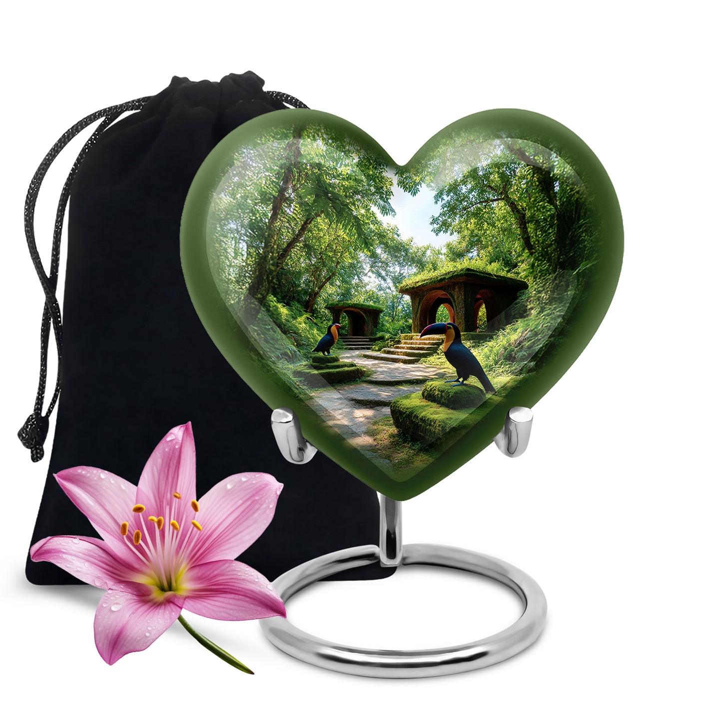 Forest Green Hornbill Cremation Urn detail view - compassionate heart-hornbill combination with gentle curves - full-size 10 inch 200 cubic inch adult cremation urn