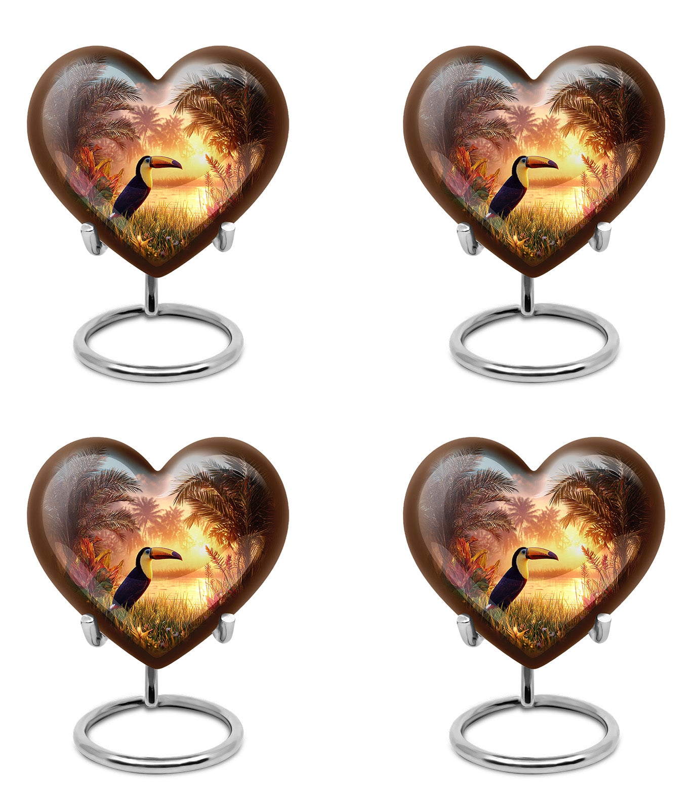 Cool Teal Hornbill Cremation Urn angled view of lid and engraved motif - heart-shaped hornbill design symbolizing eternal love - 10 inch aluminum urn for cremated remains
