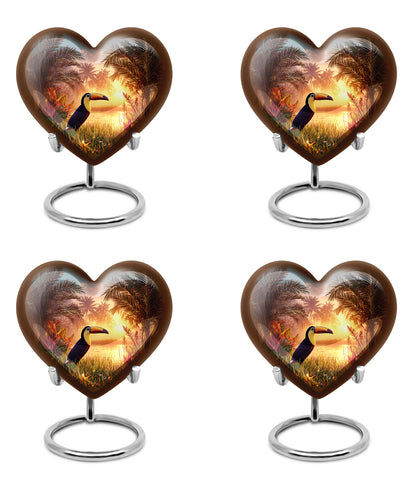 Cool Teal Hornbill Cremation Urn angled view of lid and engraved motif - heart-shaped hornbill design symbolizing eternal love - 10 inch aluminum urn for cremated remains