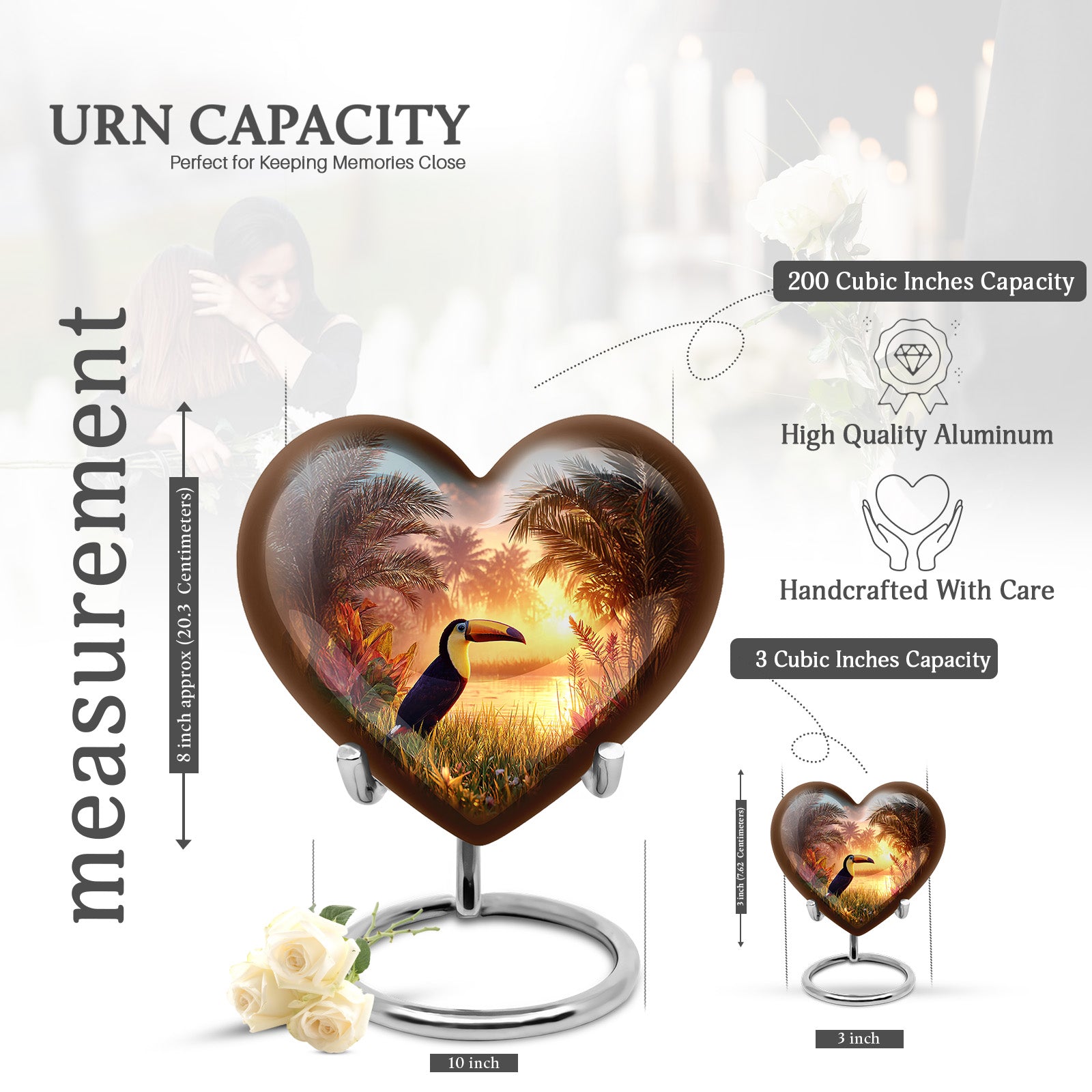 Sea Green Teal Hornbill Cremation Urn front view showing detailed design - heart-shaped hornbill design symbolizing eternal love - mini keepsake memorial for portion of cremation ashes