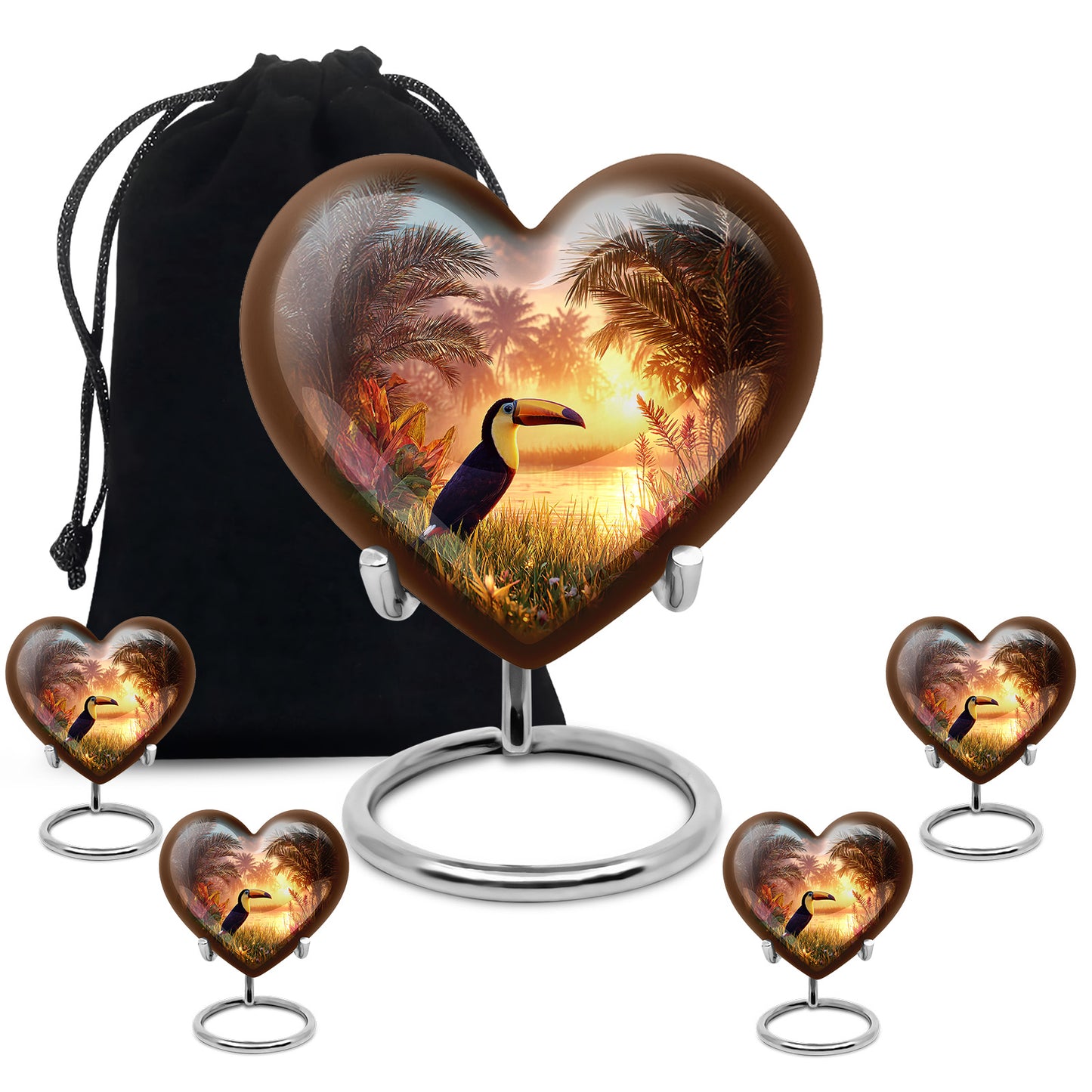 Ocean Teal Hornbill Cremation Urn close-up of engraving and surface detail - heart-shaped hornbill design symbolizing eternal love - memorial set with one large and four small urns