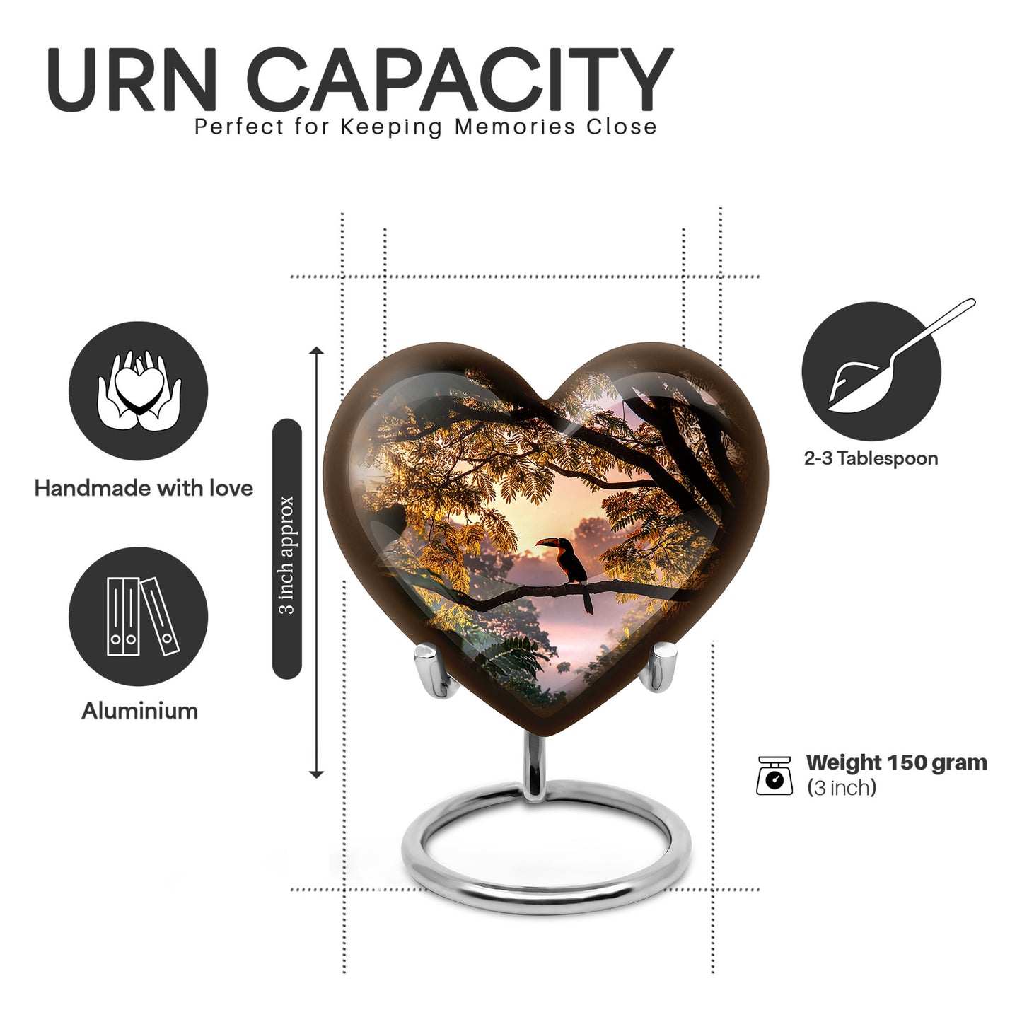 Deep Black Hornbill Cremation Urn front view showing detailed design - loving heart memorial featuring hornbill pattern - mini keepsake memorial for portion of cremation ashes